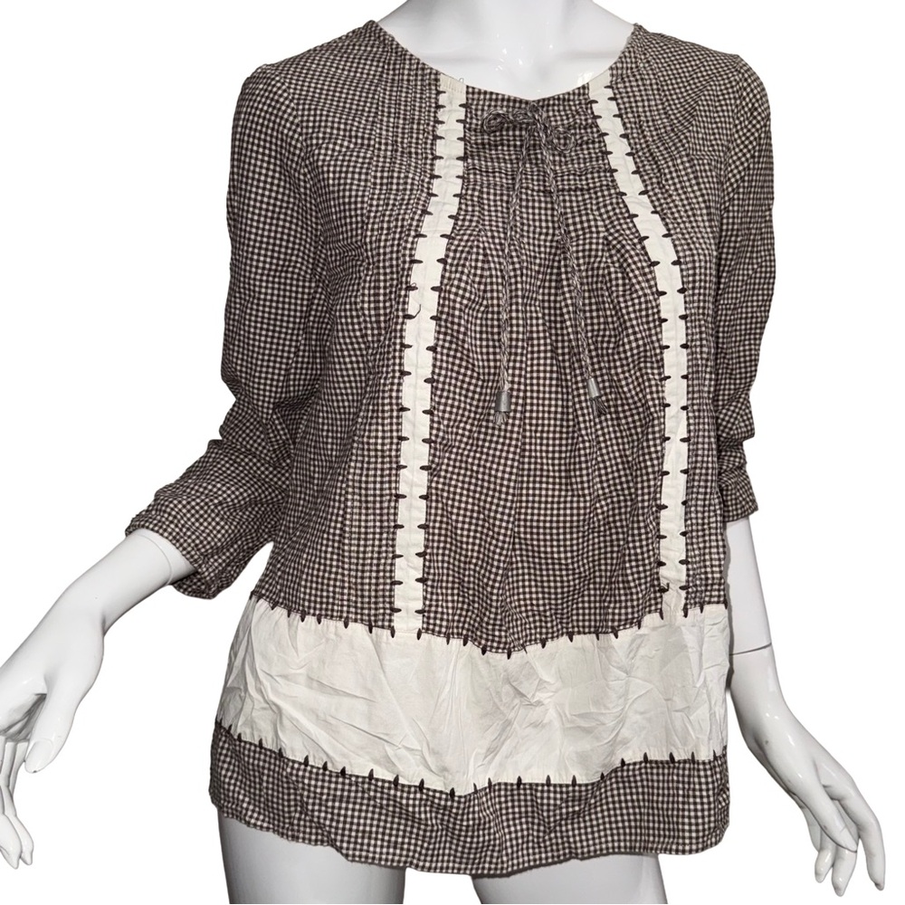💖 Kim Rogers Cottage Peasant Style‎ Gingham Blouse with Neck Tie Detail